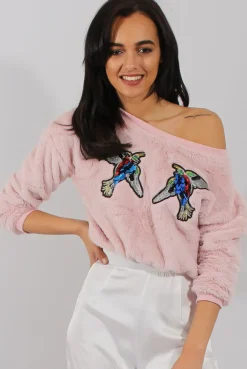 Rebellious Fashion Fluffy Pink Applique Cropped Jumper - Elle