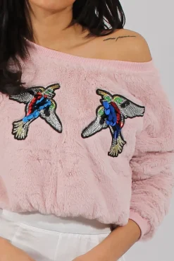 Rebellious Fashion Fluffy Pink Applique Cropped Jumper - Elle