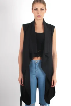 Rebellious Fashion Francesca Black Sleeveless Waterfall Jacket