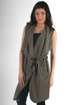 Rebellious Fashion Francesca Khaki Sleevless Waterfall Jacket