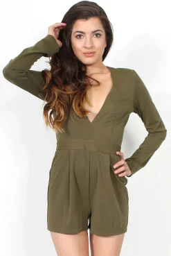 Rebellious Fashion Frances Khaki Plunge Playsuit