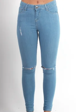 Rebellious Fashion Fran Light Wash Distressed Ripped Knee High Waisted Jeans