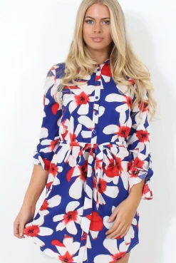 Rebellious Fashion Fraul Blue And White Floral Print Shirt Dress