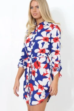 Rebellious Fashion Fraul Blue And White Floral Print Shirt Dress