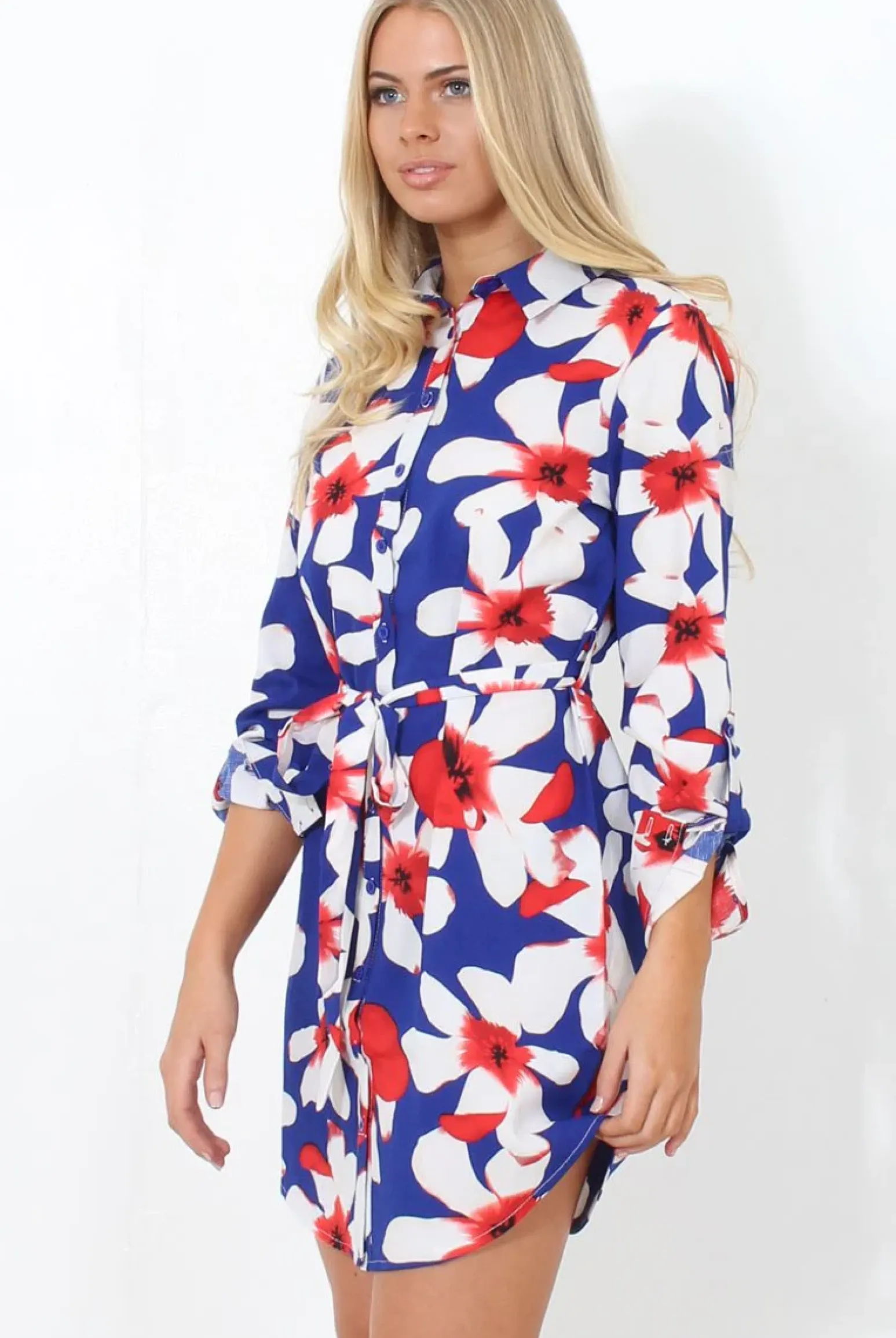 Rebellious Fashion Fraul Blue And White Floral Print Shirt Dress