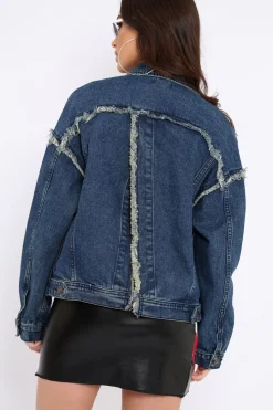 Rebellious Fashion Frayed Split Back Denim Jacket - Leanna