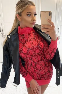 Rebellious Fashion Fuchsia Snake Print Roll Neck Mini Dress - Azani
