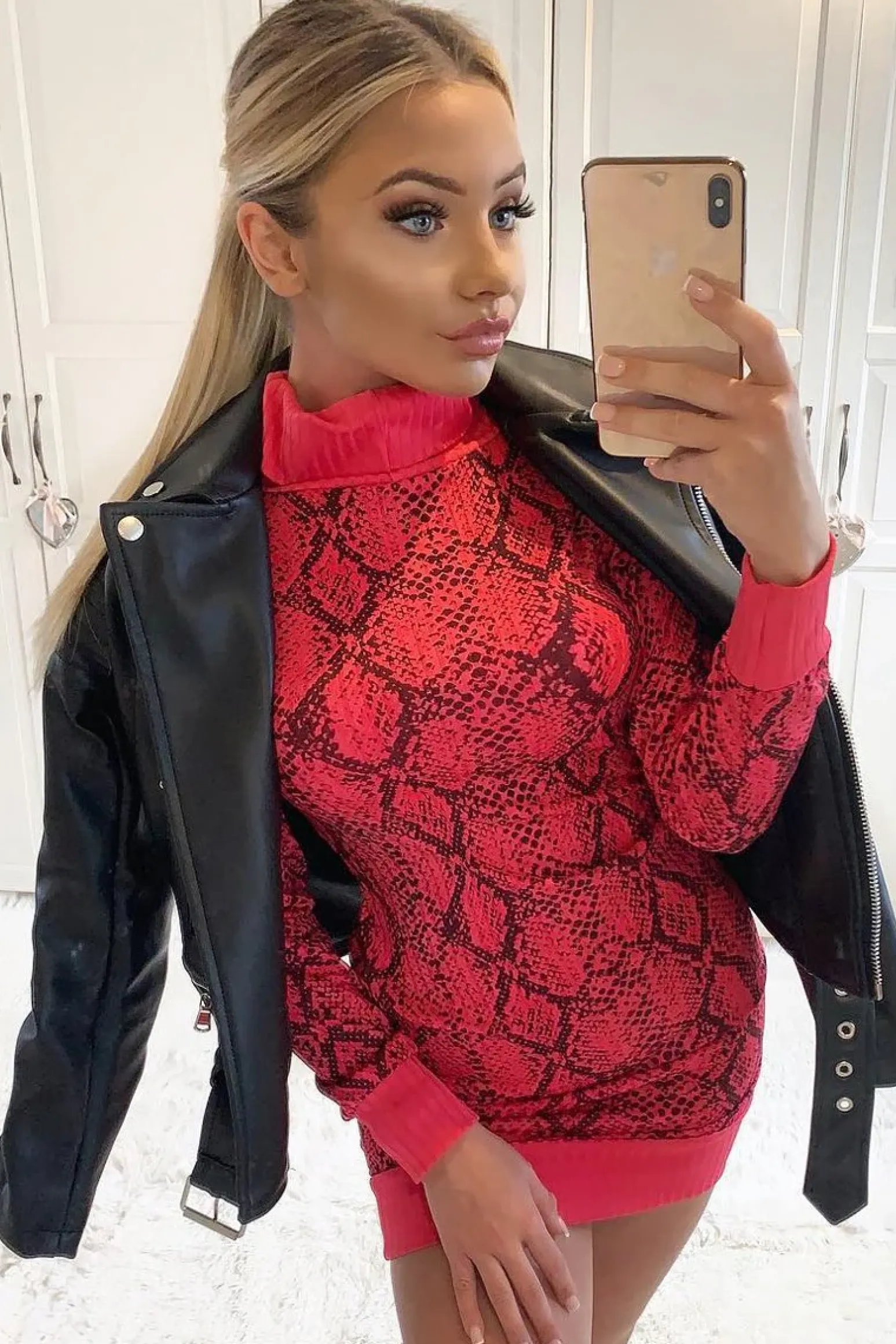 Rebellious Fashion Fuchsia Snake Print Roll Neck Mini Dress - Azani