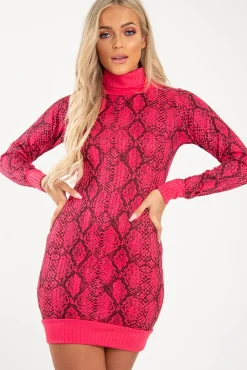 Rebellious Fashion Fuchsia Snake Print Roll Neck Mini Dress - Azani
