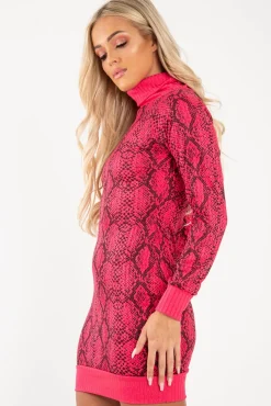 Rebellious Fashion Fuchsia Snake Print Roll Neck Mini Dress - Azani