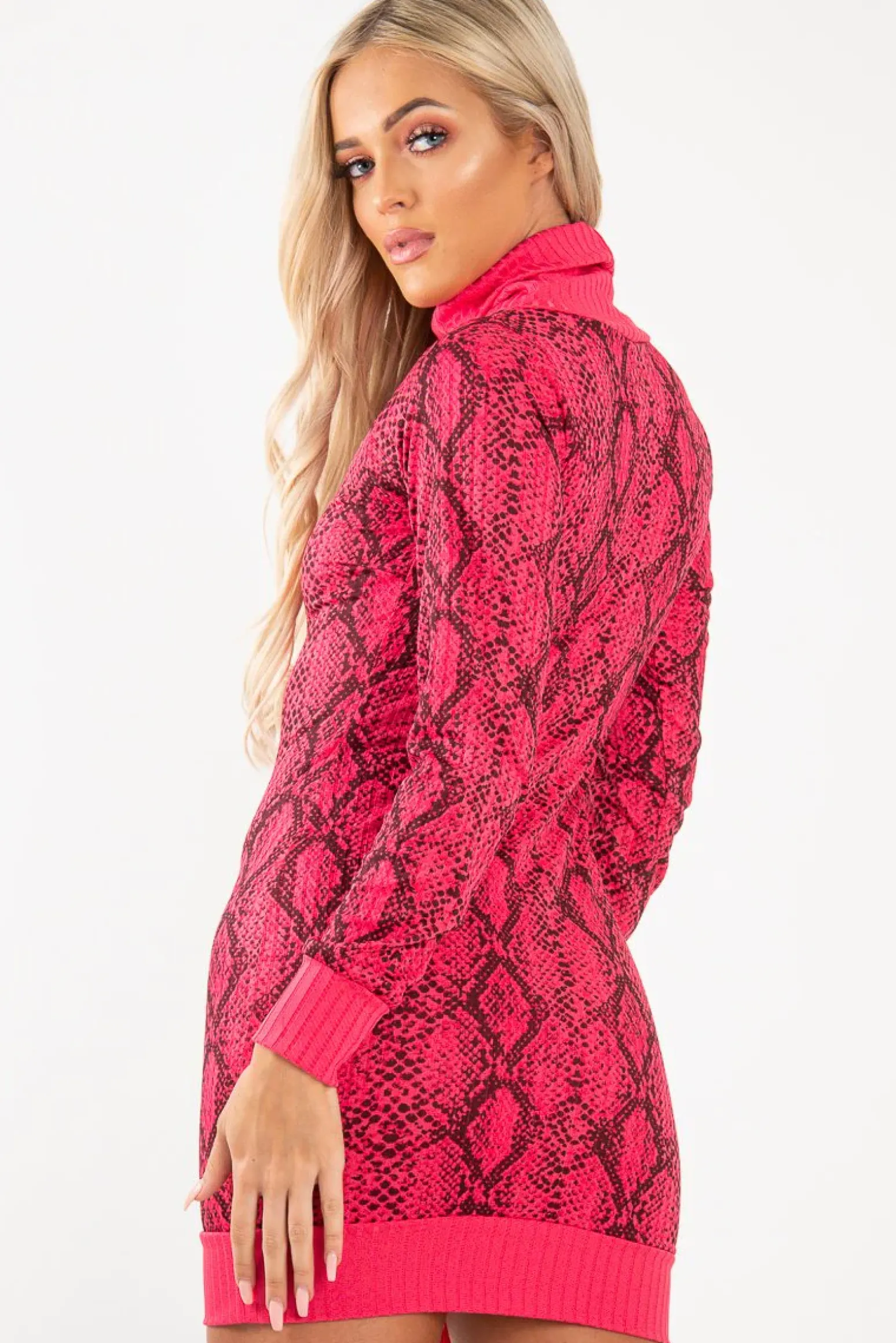 Rebellious Fashion Fuchsia Snake Print Roll Neck Mini Dress - Azani