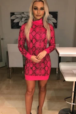 Rebellious Fashion Fuchsia Snake Print Roll Neck Mini Dress - Azani