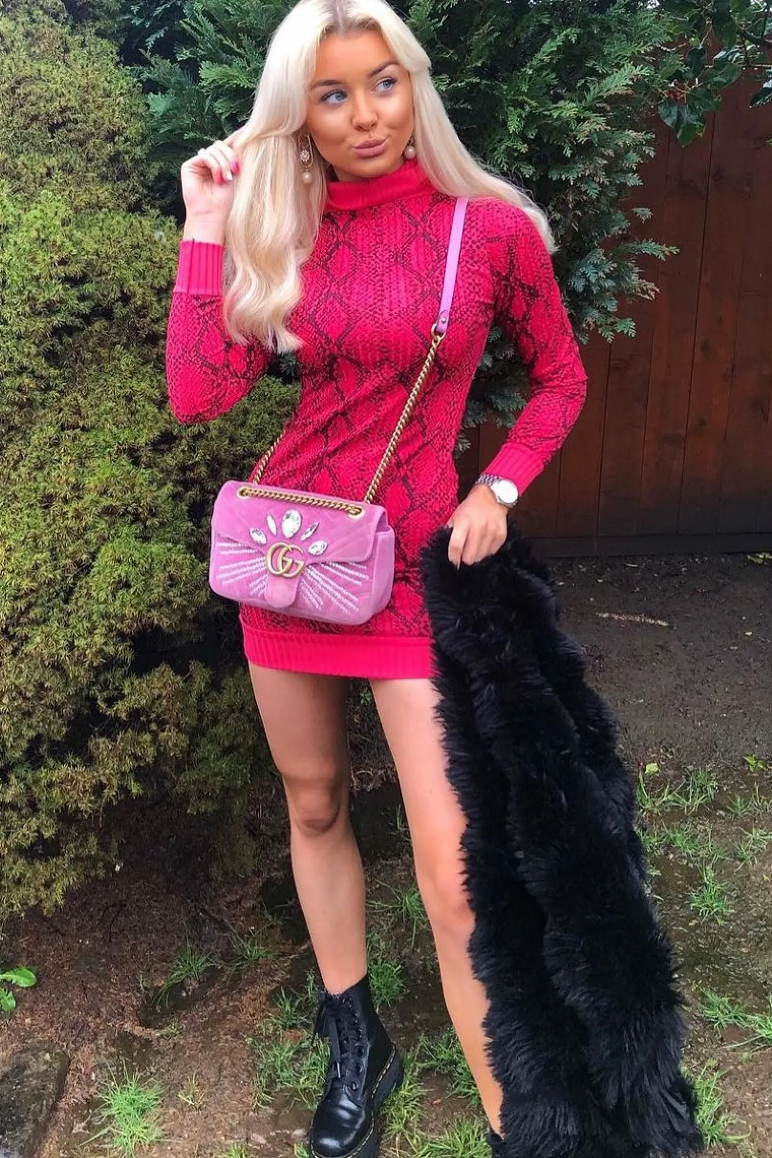 Rebellious Fashion Fuchsia Snake Print Roll Neck Mini Dress - Azani