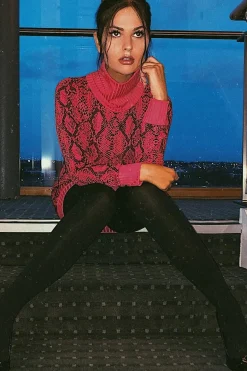 Rebellious Fashion Fuchsia Snake Print Roll Neck Mini Dress - Azani