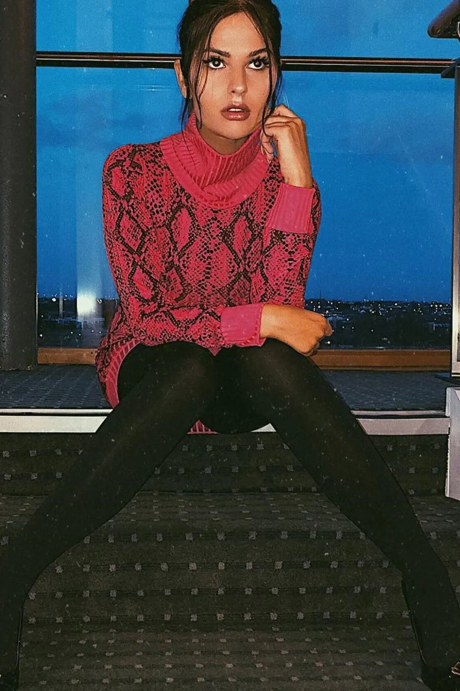 Rebellious Fashion Fuchsia Snake Print Roll Neck Mini Dress - Azani