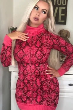 Rebellious Fashion Fuchsia Snake Print Roll Neck Mini Dress - Azani