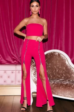 Rebellious Fashion Fuchsia Bandeau Crop Top and Zip Front Trousers Co-ord - Ellenie