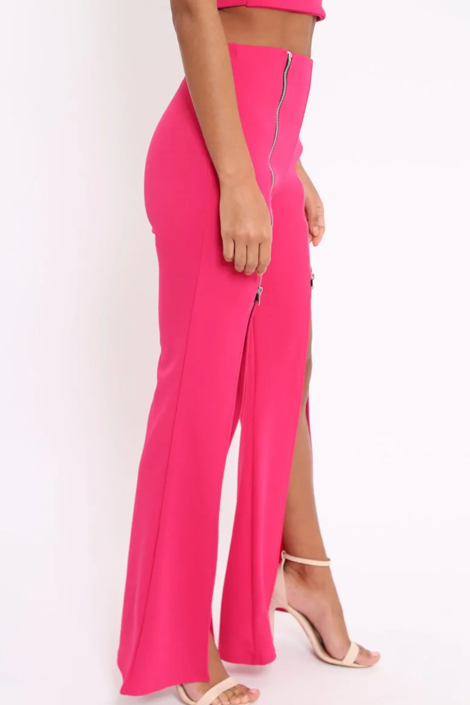 Rebellious Fashion Fuchsia Bandeau Crop Top and Zip Front Trousers Co-ord - Ellenie