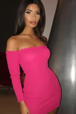 Rebellious Fashion Fuchsia Bardot Lettuce Hem Rib Knit Mini Dress - Keysha