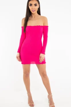 Rebellious Fashion Fuchsia Bardot Lettuce Hem Rib Knit Mini Dress - Keysha