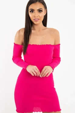 Rebellious Fashion Fuchsia Bardot Lettuce Hem Rib Knit Mini Dress - Keysha