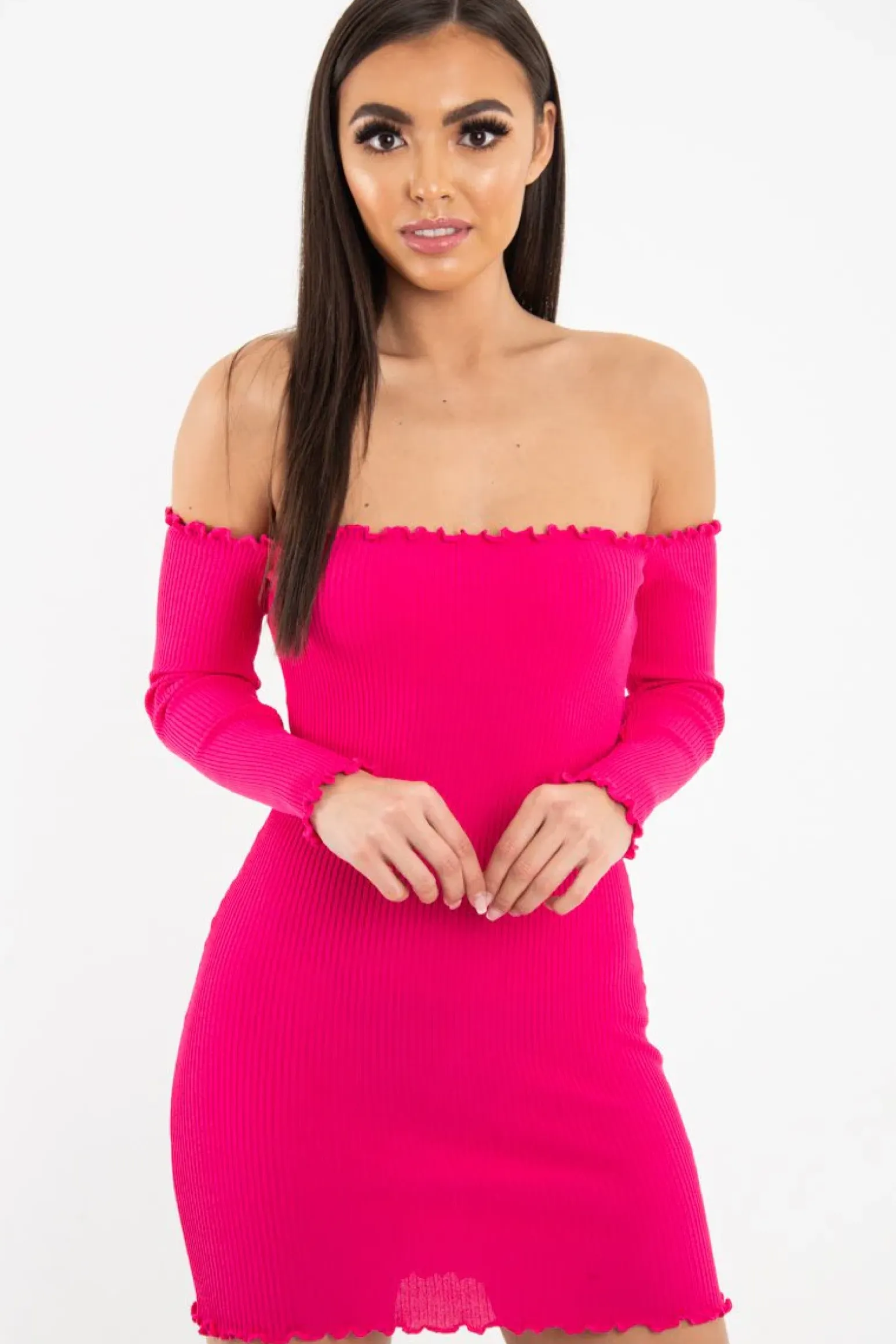Rebellious Fashion Fuchsia Bardot Lettuce Hem Rib Knit Mini Dress - Keysha