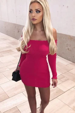 Rebellious Fashion Fuchsia Bardot Lettuce Hem Rib Knit Mini Dress - Keysha