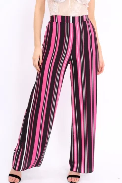 Rebellious Fashion Fuchsia, Black and White Striped High Waist Flare Trousers - Jen