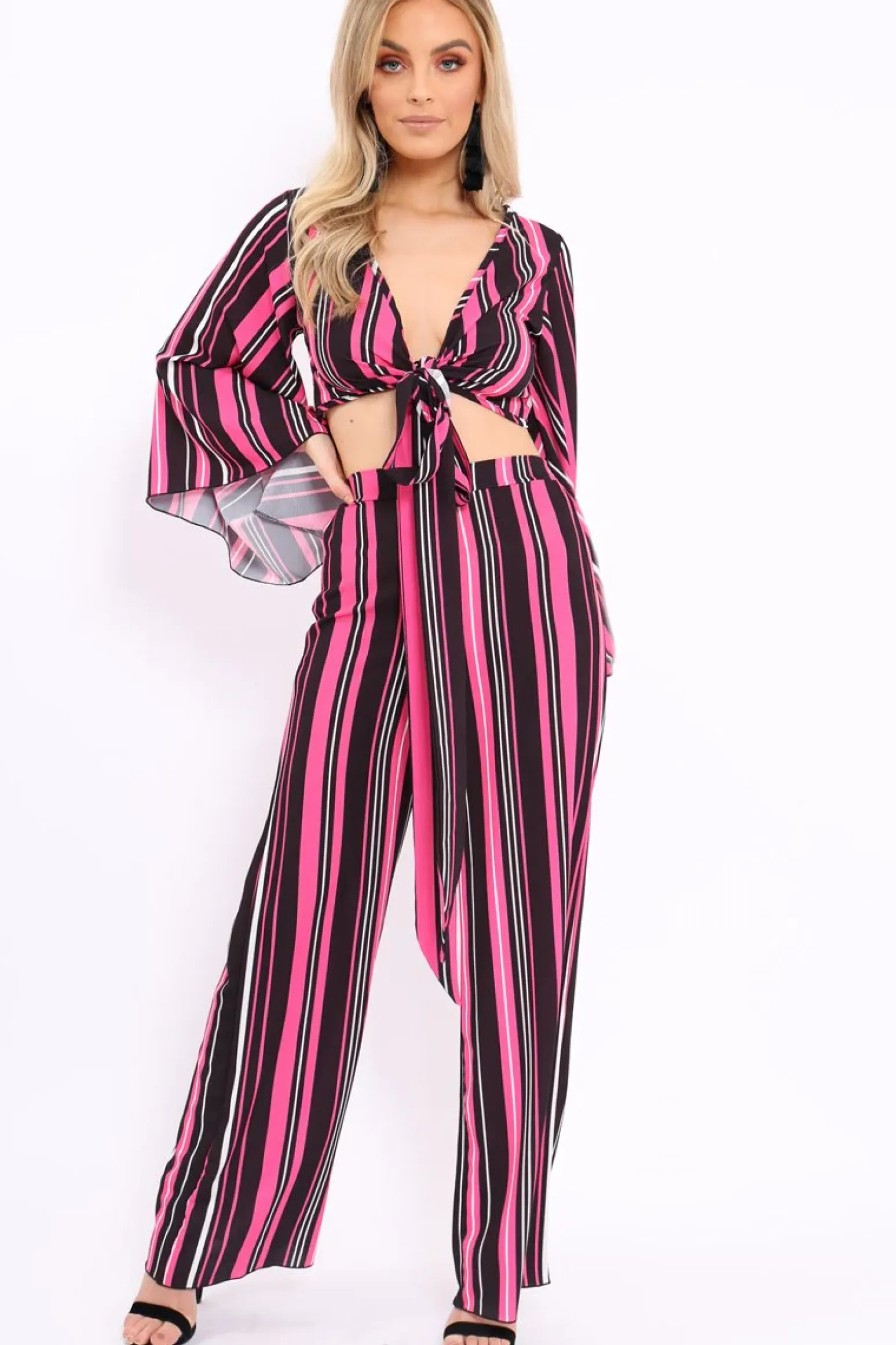 Rebellious Fashion Fuchsia, Black and White Striped High Waist Flare Trousers - Jen