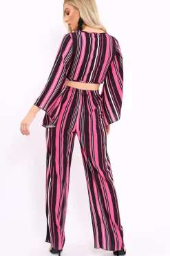Rebellious Fashion Fuchsia, Black and White Striped High Waist Flare Trousers - Jen