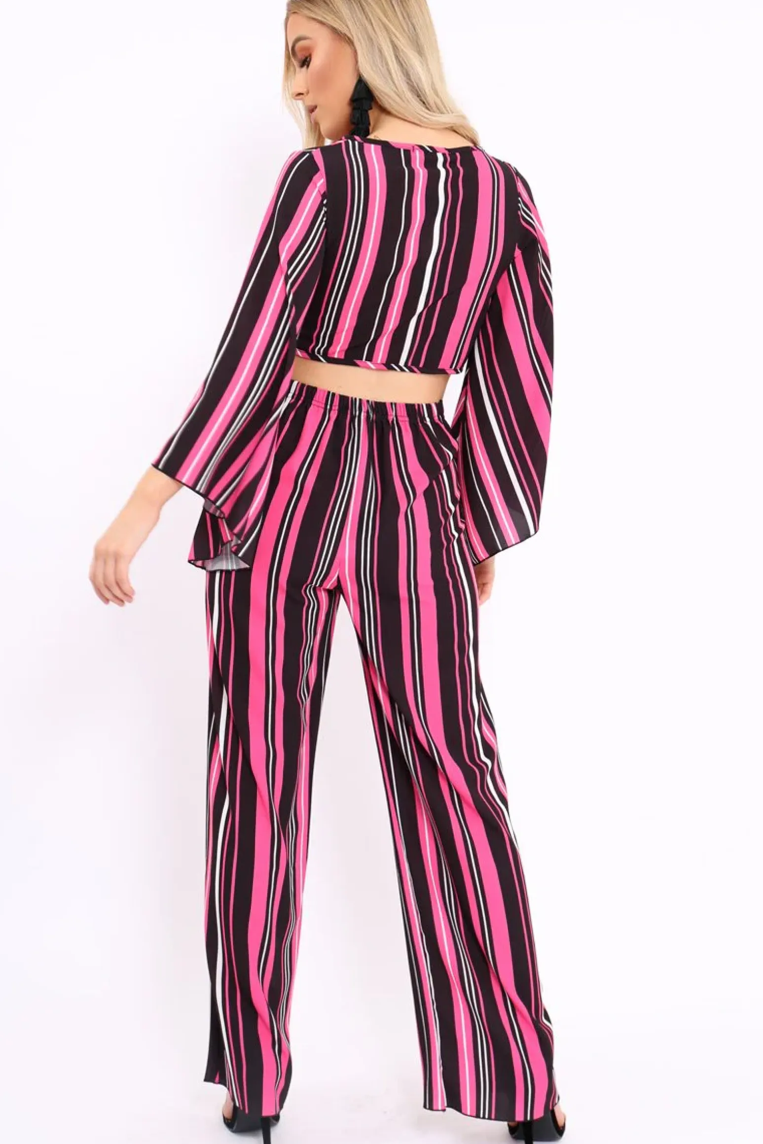 Rebellious Fashion Fuchsia, Black and White Striped High Waist Flare Trousers - Jen