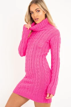 Rebellious Fashion Fuchsia Cable Knit Roll Neck Jumper Dress - Matilda