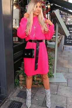 Rebellious Fashion Fuchsia Chunky Knit Slash Neck Jumper Dress - Hessie