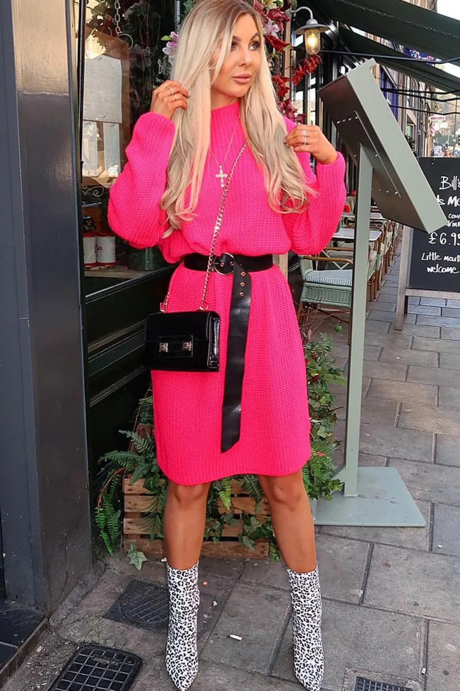 Rebellious Fashion Fuchsia Chunky Knit Slash Neck Jumper Dress - Hessie