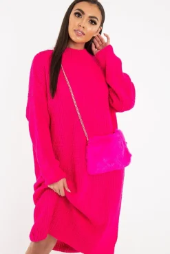 Rebellious Fashion Fuchsia Chunky Knit Slash Neck Jumper Dress - Hessie
