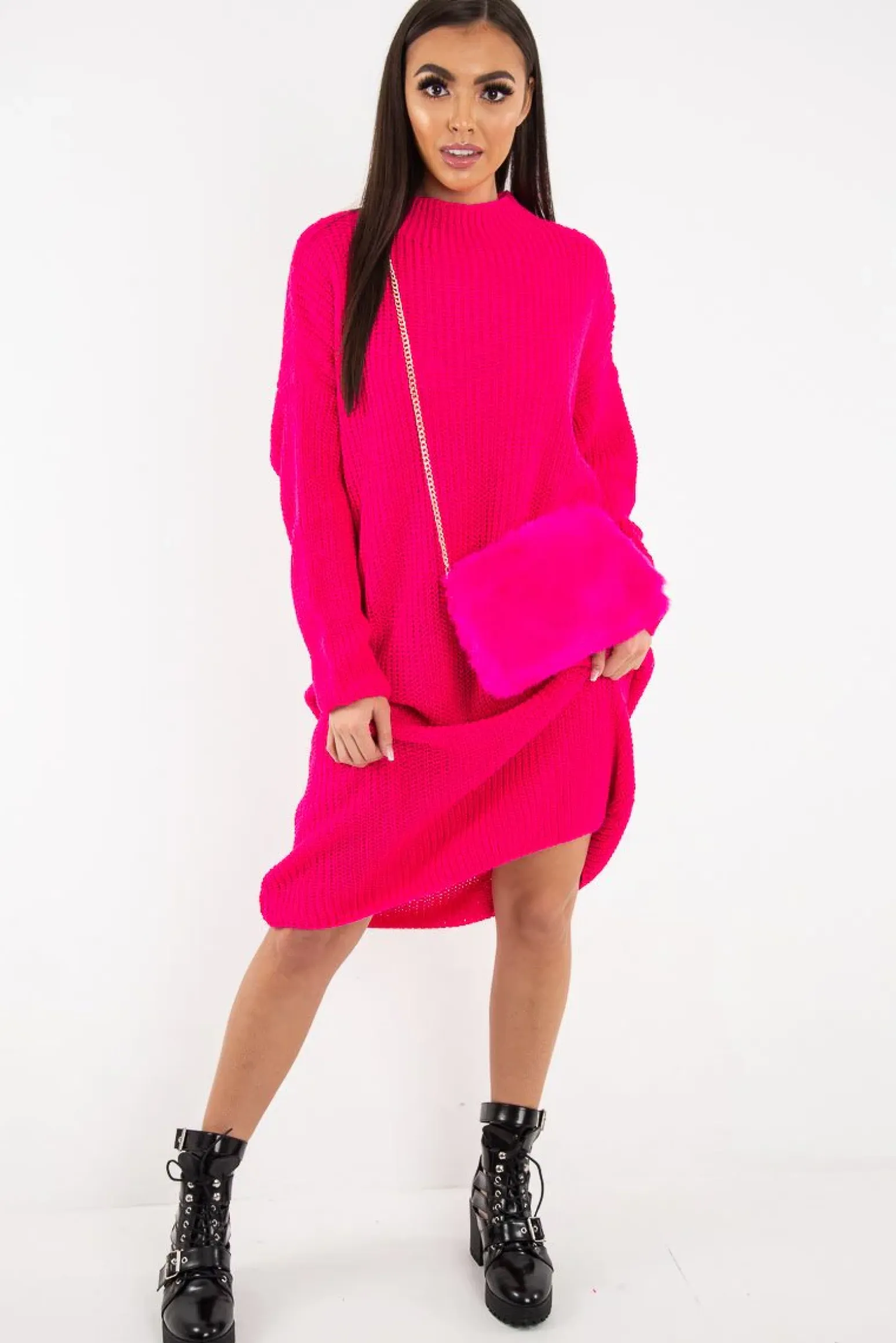 Rebellious Fashion Fuchsia Chunky Knit Slash Neck Jumper Dress - Hessie