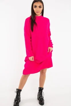 Rebellious Fashion Fuchsia Chunky Knit Slash Neck Jumper Dress - Hessie