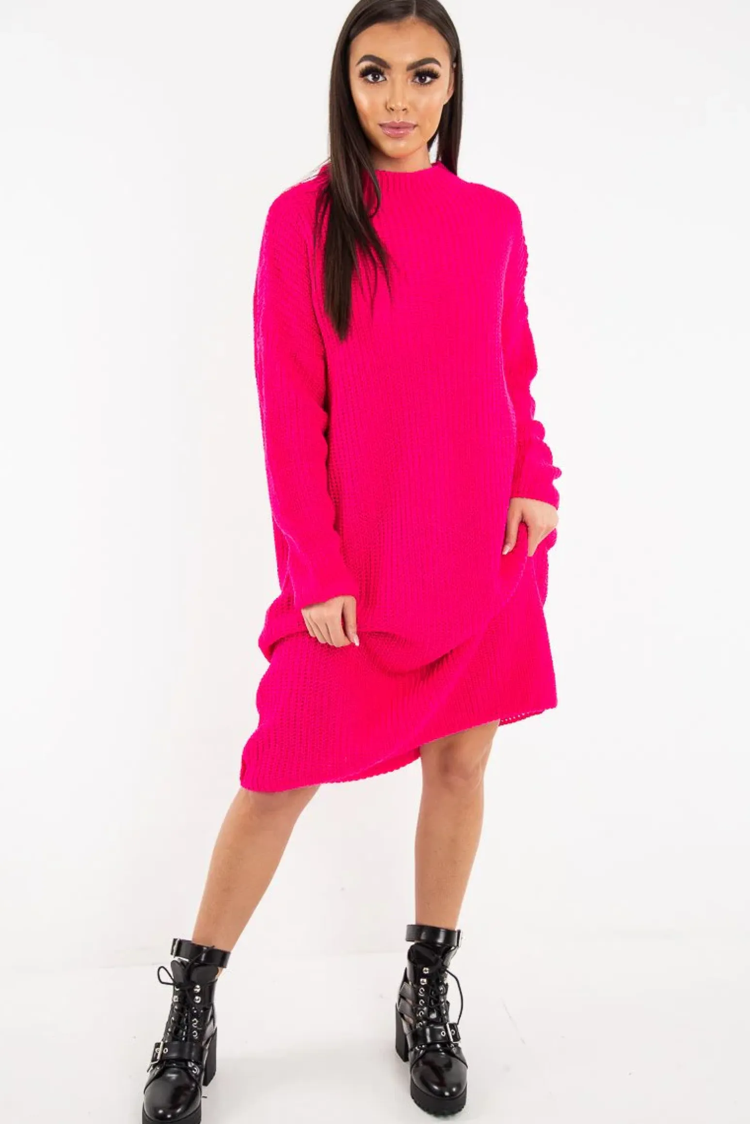 Rebellious Fashion Fuchsia Chunky Knit Slash Neck Jumper Dress - Hessie