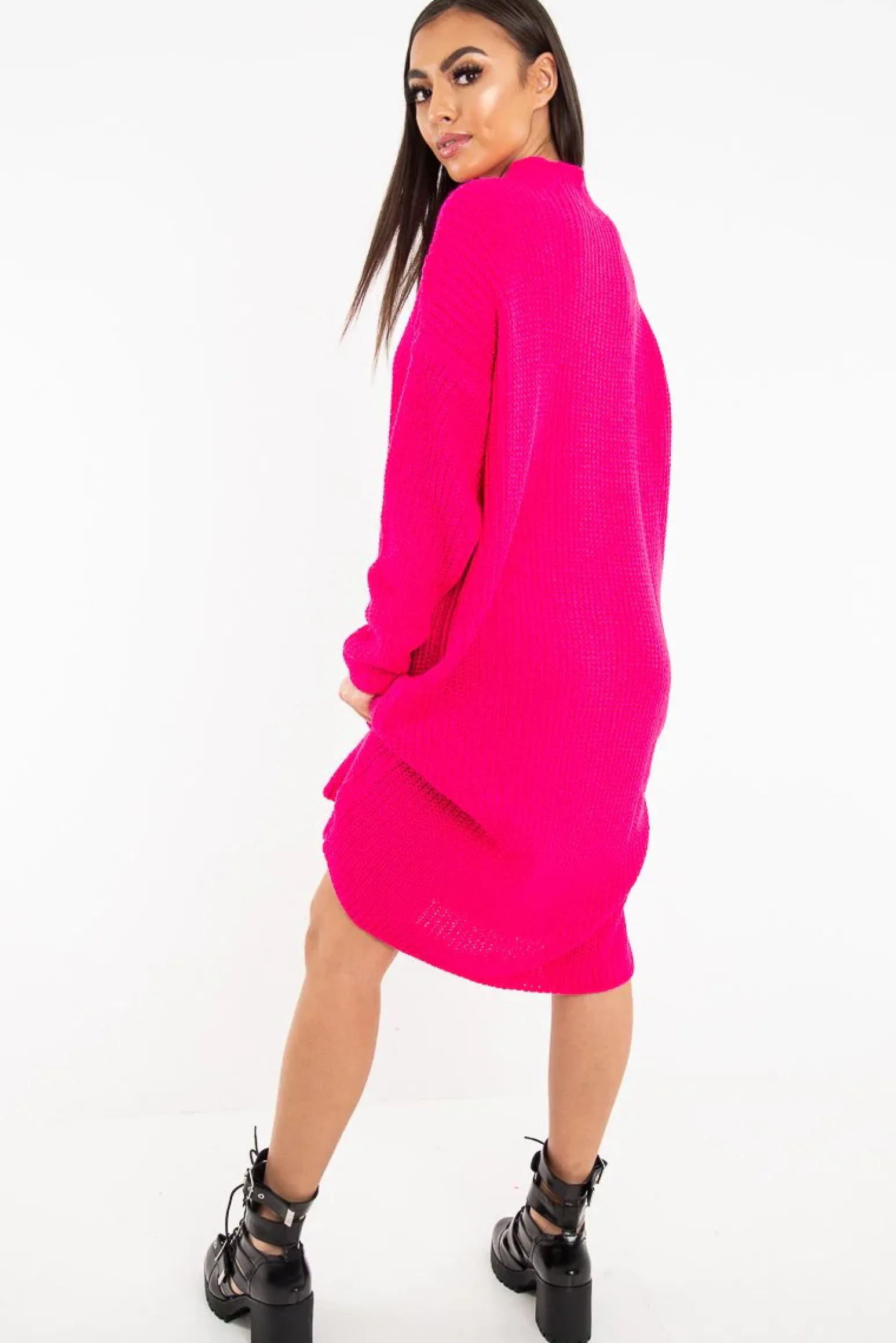 Rebellious Fashion Fuchsia Chunky Knit Slash Neck Jumper Dress - Hessie