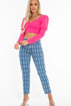 Rebellious Fashion Fuchsia Crepe Sweetheart Puff Sleeve Crop Top - Porsha