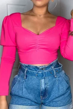 Rebellious Fashion Fuchsia Crepe Sweetheart Puff Sleeve Crop Top - Porsha