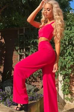 Rebellious Fashion Fuchsia Crop Top and Trousers Co-ord Set - Kimmy
