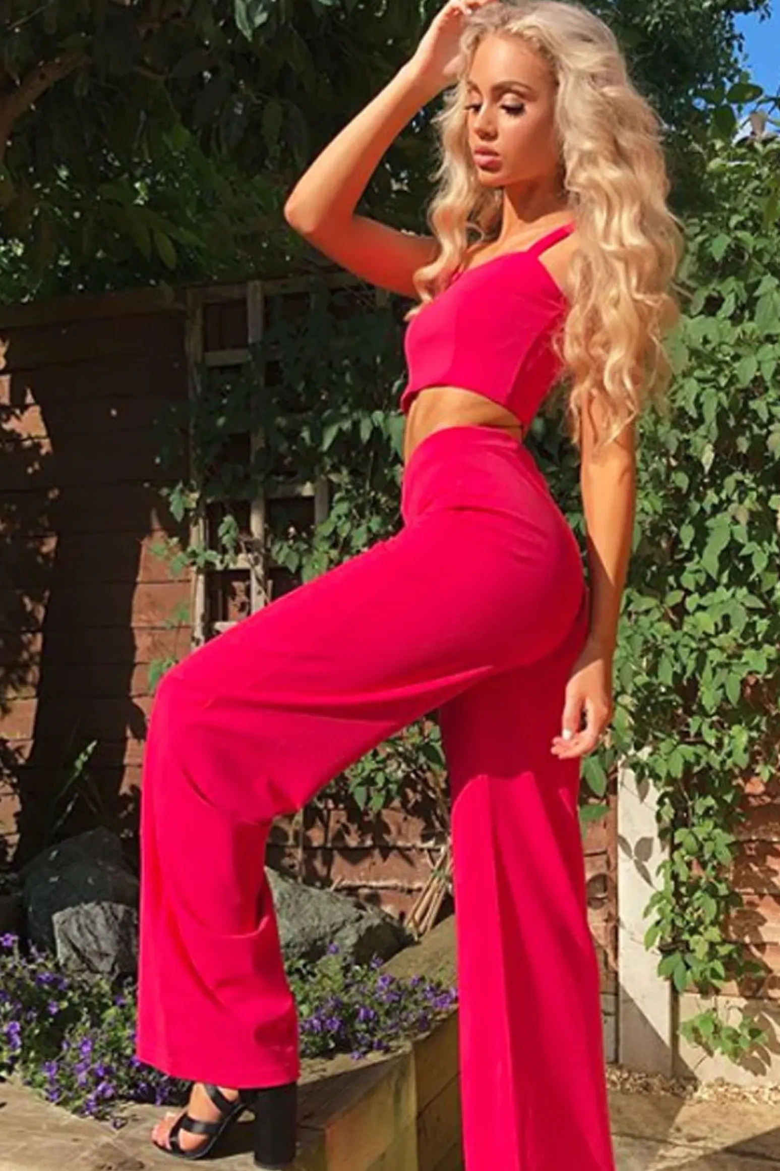 Rebellious Fashion Fuchsia Crop Top and Trousers Co-ord Set - Kimmy