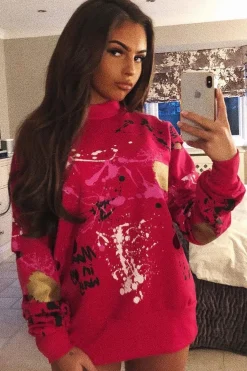 Rebellious Fashion Fuchsia Distressed Paint Splatter Jumper - Mina