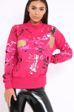 Rebellious Fashion Fuchsia Distressed Paint Splatter Jumper - Mina