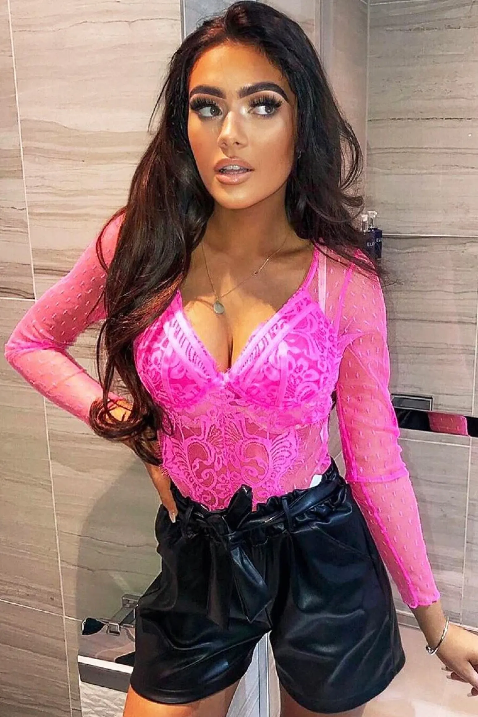 Rebellious Fashion Fuchsia Dobby Mesh Low Cut Bodysuit - Tamara