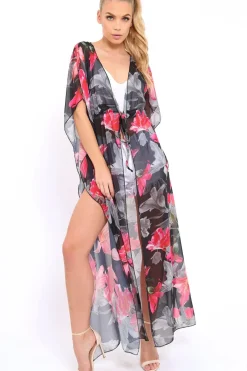 Rebellious Fashion Fuchsia Floral Print Long Kimono - Vonda