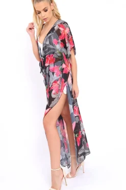 Rebellious Fashion Fuchsia Floral Print Long Kimono - Vonda