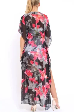 Rebellious Fashion Fuchsia Floral Print Long Kimono - Vonda