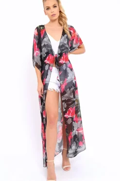 Rebellious Fashion Fuchsia Floral Print Long Kimono - Vonda